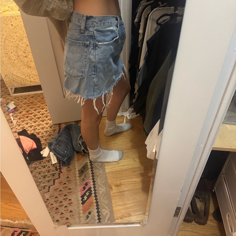 Re/Done Light Blue Distressed Denim Mini Skirt